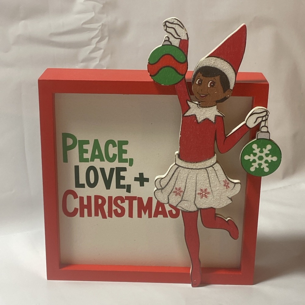 The Elf On The Shelf Box Sign‎ Christmas Decor Red Peace Love Christmas Glitter